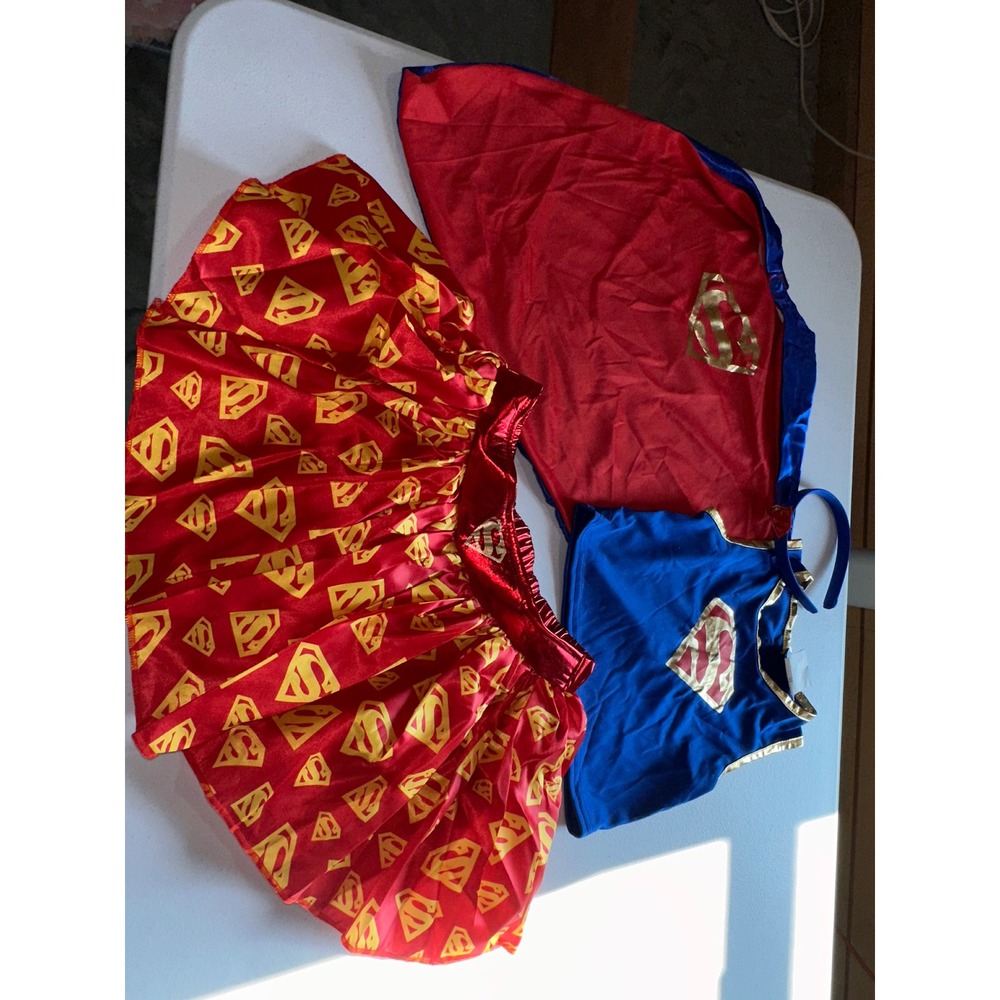 Supergirl Kids Costume Set 4pc Tutu Skirt Cape Top Headband Blue Red One Size